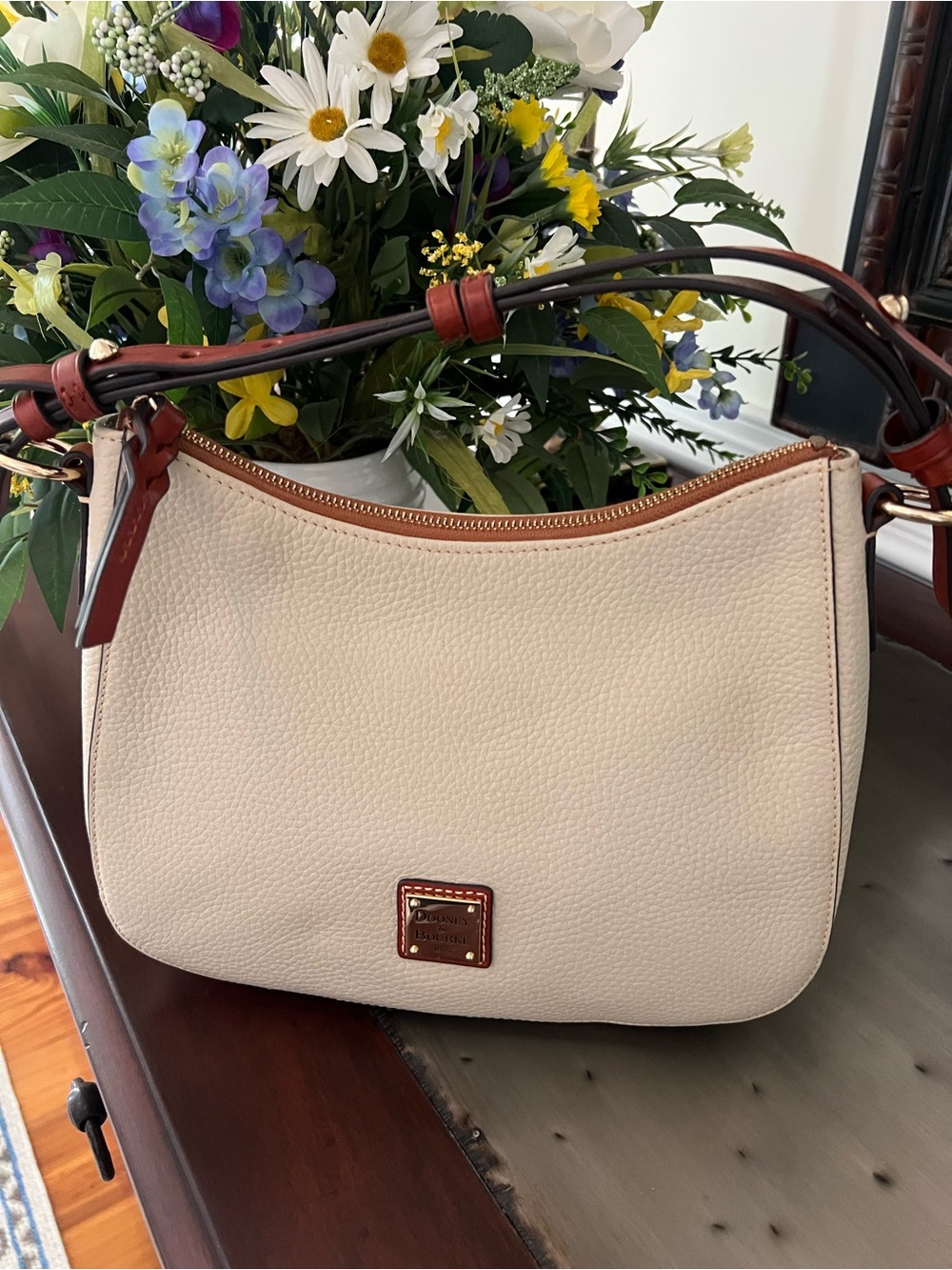 Dooney & Bourke Cream Pebble Leather Crossbody with Brown Trim - Picture 13 of 14
